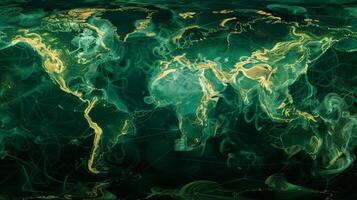 A world map layered with intricate pathways representing the widespread distribution of biofuels illustrating the interconnectedness of green energy trade. photo