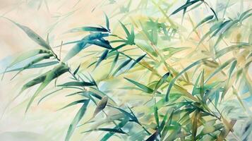 A watercolor painting featuring tall swaying blades of bamboo highlighting its fast growth rate and potential use as a renewable energy source. photo