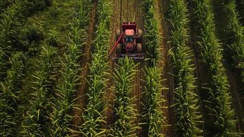 A large machine resembling a cross between a combine and a giant juicer churns through a vast sea of sugarcane. The plants natural sugars will be extracted and later fermented to produce photo