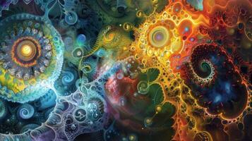 microscopic world involved in creating biofuels through alchemy. Bright swirling colors and patterns represent the complex magical process of transforming photo