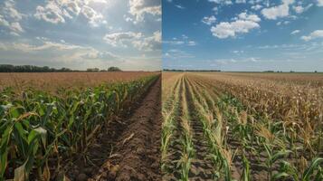 A beforeandafter image of a corn field. The first photo shows a healthy crop while the second shows the same field depleted of all plant matter after undergoing hydrothermal liquefaction