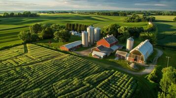An aerial view of a rural farm with barns and silos surrounded by lush green fields. The farm is powered by a biodiesel production plant showcasing the advancements and benefits of photo