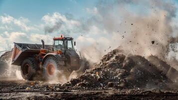 A powerful machine its wheels churning up the dirt beneath it grinds down the collected waste into smaller more manageable pieces. The resulting material is then transported to a nearby photo