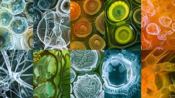 A montage of different microscopic images showcasing the diverse range of organisms and processes involved in creating biofuel. From tiny bacteria to intricate machinery each image photo