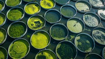 Rows of cylindrical tanks line the coast each one filled with a different type of algae. These tanks are part of a largescale operation to cultivate and harvest algae which will then photo