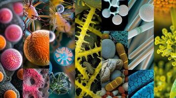 A collage of different microorganisms each labeled with its unique role in the decoding of biofuels. From bacteria to fungi these tiny creatures work together in a complex ecosystem photo