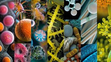 un collage de diferente microorganismos cada etiquetado con sus único papel en el descodificación de biocombustibles desde bacterias a hongos estos minúsculo criaturas trabajo juntos en un complejo ecosistema foto