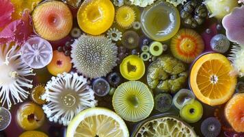 A group of diverse microbes under a microscope surrounded by pieces of decomposing fruits and vegetables. photo