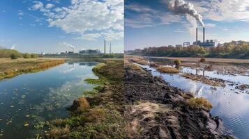 A series of beforeandafter photos showcasing the positive impact of biofuel on the environment. The first photo shows a polluted river and the second shows the same river after a nearby