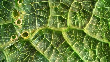 A closeup of a leaf reveals intricate patterns and structures showcasing the complexity of genetic makeup and the detailed work involved in manipulating it for desired traits. photo