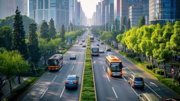 An image of a busy city street but instead of cars and buses emitting harmful pollutants they are powered by cleanburning biofuels. Thanks to the cultivation and production of these photo