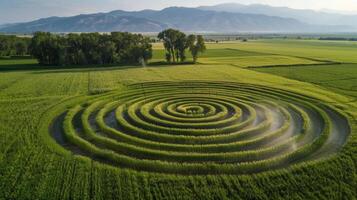 An aerial shot of a center pivot irrigation system in action creating a sweeping circular pattern of wetness in a biofuel crop field. Trees line the edges of the field and mountains photo