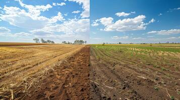 A before and after photo of a farm is shown with the first image depicting a dry barren land and the second image showing a lush green landscape. The use of biodegradable mulch in