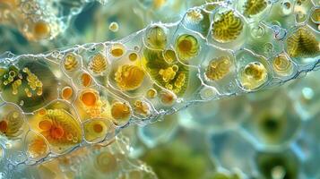 A closeup of a microscope slide containing a single tiny microalgae cell magnified to reveal intricate structures and patterns. This image represents the microscopic world of microalgae photo