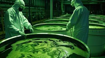 Workers clad in protective gear monitor large vats of algae carefully extracting oils that will be used to produce clean and efficient biofuels. photo