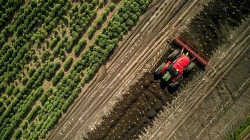 A tractor plows through a field spreading a layer of dark crumbly biochar on top of the soil. This byproduct of bioethanol production not only increases soil fertility but also helps photo