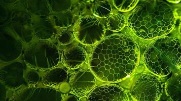 A microscope image of a single microalgae cell its intricate structure and vibrant green color reflecting the immense power it holds. Each tiny cell holds the potential to produce photo