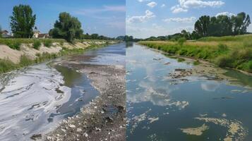 A beforeandafter photo set of a polluted river with the before image showing murky contaminated water and the after image showcasing the same river now clean and teeming with life.