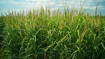 A photograph of a large field of switchgrass a commonly used biofuel crop with a caption detailing how this plant can be converted into a sustainable fuel source. photo