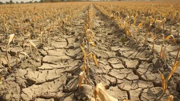 A closeup image of a sunscorched field with brown withered plants and cracked earth. The article discusses the negative impact of droughts on biofuel crop production and possible photo