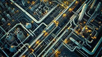 An aerial view shows a complex network of pipelines connecting various biofuel plants to a central carbon capture facility. This interconnected system allows for efficient capture photo