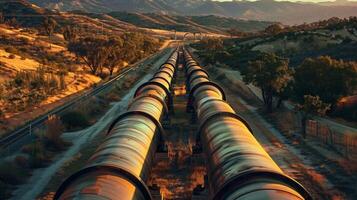 A series of pipelines stretch across a landscape symbolizing the transportation of biofuels from production facilities to consumers. The image showcases the complex and interconnected photo