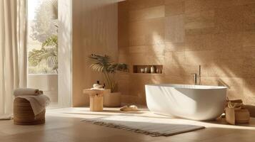 A serene spalike bathroom with light natural cork flooring and earthy textured cork wall panels. The walls feature a unique gradient pattern adding a subtle touch of luxury to the photo