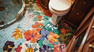 As guests make their way to the bathroom they are met with a stunning mosaic tile floor featuring a variety of floral patterns and colors. This unique and eyecatching design adds a photo