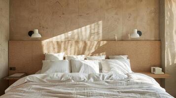 In the bedroom a custommade headboard is adorned with a layer of cork adding a touch of natural beauty to the space. The soft and cushiony surface of the cork provides a comfortable photo