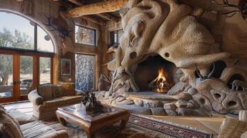 In the center of the room there is a stone fireplace with intricate carvings of desert animals adorning its surface. The hearth is lined with smooth river rocks creating a cozy yet photo