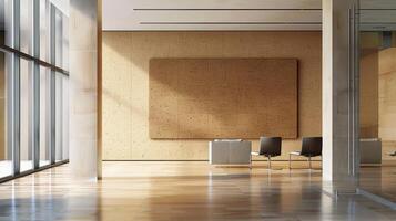 The cork bulletin board hung on the wall was not only functional but also served as an acoustic panel. The surface was covered in layered cork sheets creating a soft and porous texture photo