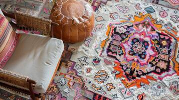 The floor is covered with a stunning handwoven rug featuring a kaleidoscope of colors and patterns. The intricate design resembles that of a Turkish mosaic and the soft texture adds photo