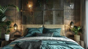 The bedrooms headboard is made from a large metal grating panel creating a striking focal point while adding a sense of weight and texture to the otherwise serene and airy room. photo
