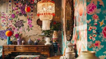In a Bohemian Chic home office a mix of patterns and colors blend together to create an inspiring and artistic space. An ornately carved desk sits against a wall covered in a bold photo