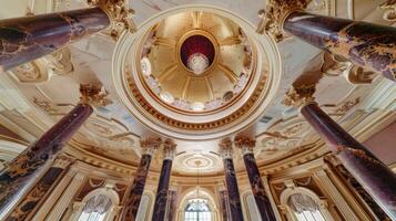 The domed ceiling soars high above supported by elegant marble columns carved with intricate filigree and dd in luxurious fabrics in shades of deep purple and ruby red. The natural photo