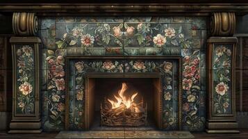 The ornate fireplace is surrounded by a mosaic of tiles each one handpainted with a different floral design. The flickering flames cast a soft light on the intricate details highlighting photo