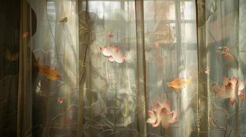 The silk curtains feature delicate embroidery of lotus flowers and koi fish symbolizing purity and enlightenment. The light filtering through the fabric casts a soft glow creating photo