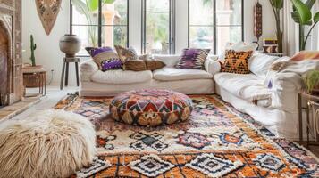 The floor is covered in a plush intricately woven Moroccan rug featuring bold patterns and vibrant colors. Its soft texture and vibrant hues add a cozy and luxurious touch to the space photo