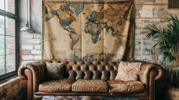 A mapinspired tapestry hangs above a vintage leather sofa featuring a collage of different maps each with its own unique design and color palette. The soft muted tones tie the rooms photo