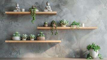 A set of natural wood shelves line the walls displaying various succulents and small Buddha statues. The simple yet elegant design adds to the minimalist feel of the room while bringing photo