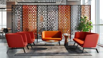 The waiting area of a modern office space is infused with pops of color and texture through the use of perforated metal panels. The geometric patterned screens provide privacy for photo