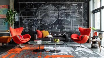 In a more modern and minimalist setting the chalkboard wall in this living room is black with a grid pattern used to showcase abstract and geometric white chalk drawings. The furniture photo