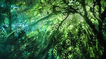 The walls are adorned with intricate patterns of light in varying shades of green creating a dreamy otherworldly ambiance. It feels as though you have stepped into a secret fairyland photo