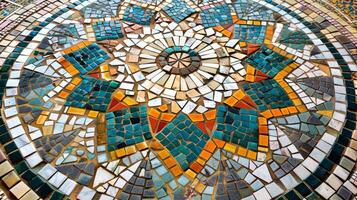 A large intricate mosaic tile floor creates a focal point in the room with its vibrant colors and geometric pattern. The pattern also provides a visual sensory experience drawing the photo