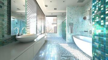 In the bathroom a mosaic pattern of recycled glass tiles lines the walls of the shower creating a beautiful and unique feature that brings an element of ecofriendly design to the space. photo