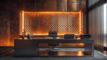 The highlight of a home office is a custommade desk made of perforated metal with strategically p recessed lighting to illuminate the intricate patterns and textures of the metal. photo