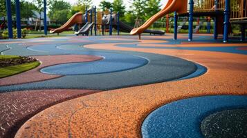 The playgrounds design includes a looped path of textured floor tiles perfect for children who enjoy running or crawling. The different textures ranging from bumpy to smooth provide photo