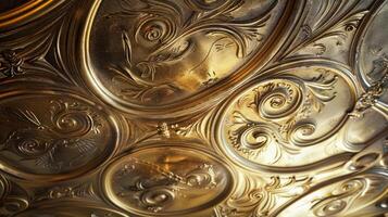 The ceiling itself is a work of art with an intricate design of aged brass swirls and flourishes. As the light hits it the entire room seems to shimmer with elegance. photo