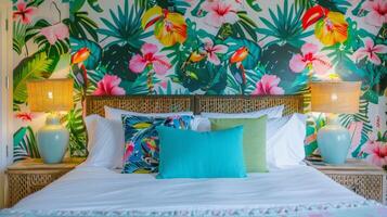 In the bedroom the walls are adorned with a whimsical wallpaper featuring brightly colored toucans and vibrant pink hibiscus flowers. The crisp white sheets of the bed pop against photo