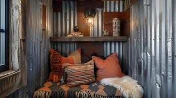 A cozy reading nook is nestled in the corner surrounded by walls covered in recycled metal sheets. The warmth of the room is enhanced by the contrast of the soft materials of the photo